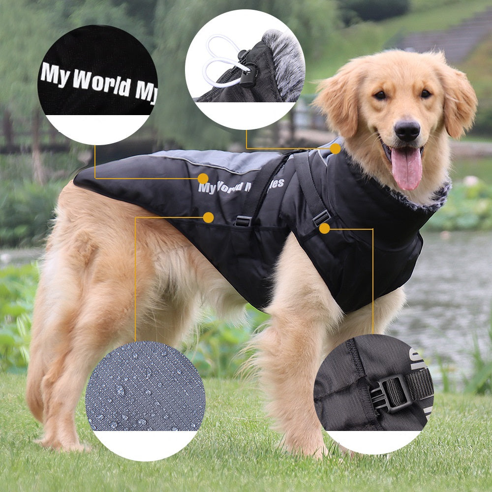 Waterproof dog coat, with a warm, fleecy neck lining.  The dog coat is adjustable in the body and neck to ensure a snug and comfortable fit.  It is available in two tone colour combinations, the main body is black with a contrasting colour strip along the back.