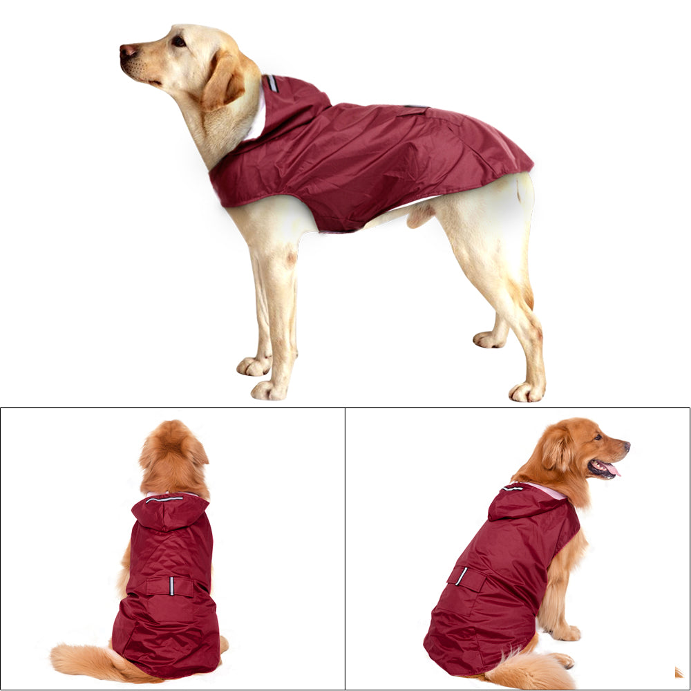 Stylish, light weight, waterproof and reflective dog coat to keep your dog dry and visible. It is lined with a soft mesh and has a hood for those rainy day walks.  Available in red and black.