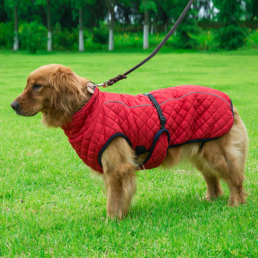 Warm adjustable, quilted dog coat, available in red and  navy blue